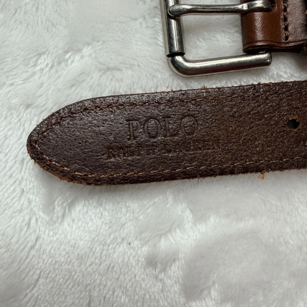 Polo Golf Ralph Lauren Navy Blue White Stripe Brown Leather Woven Fabric Belt 38